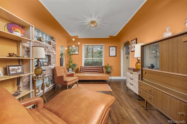 2514 N Humboldt St, Denver, CO 80205 - living area featuring dark wood-style flooring, arched walkways, baseboards, and a fireplace