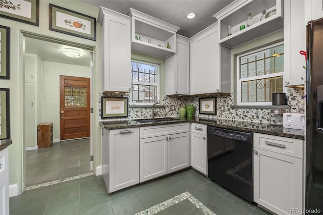 2514 N Humboldt St, Denver, CO 80205 - kitchen featuring black dishwasher, open shelves, a sink, decorative backsplash, and white cabinets