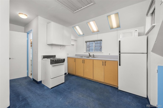 2514 N Humboldt St, Denver, CO 80205 - kitchen with white appliances, a sink, dark carpet, and light countertops