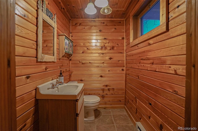 bathroom featuring wooden ceiling, tile patterned flooring, wood walls, toilet, and vanity