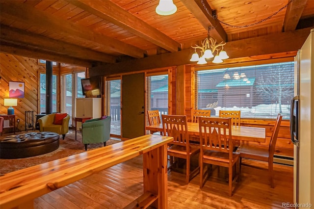 dining room with a chandelier, light hardwood / wood-style floors, plenty of natural light, and wooden ceiling