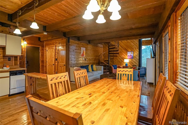 dining space featuring beam ceiling, wood walls, a chandelier, wood ceiling, and light wood-type flooring