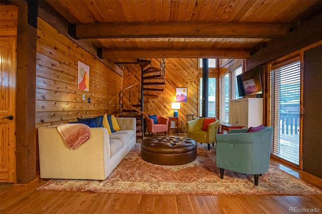 living room featuring beamed ceiling, wood-type flooring, wooden ceiling, and wood walls