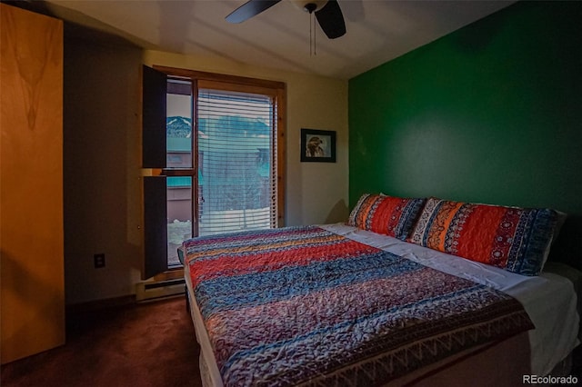 carpeted bedroom with multiple windows and ceiling fan