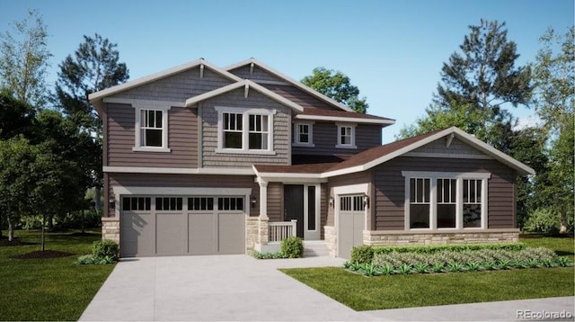 85 Wooten Ave, Brighton, CO 80601 - craftsman-style house featuring stone siding, a garage, concrete driveway, and a front lawn