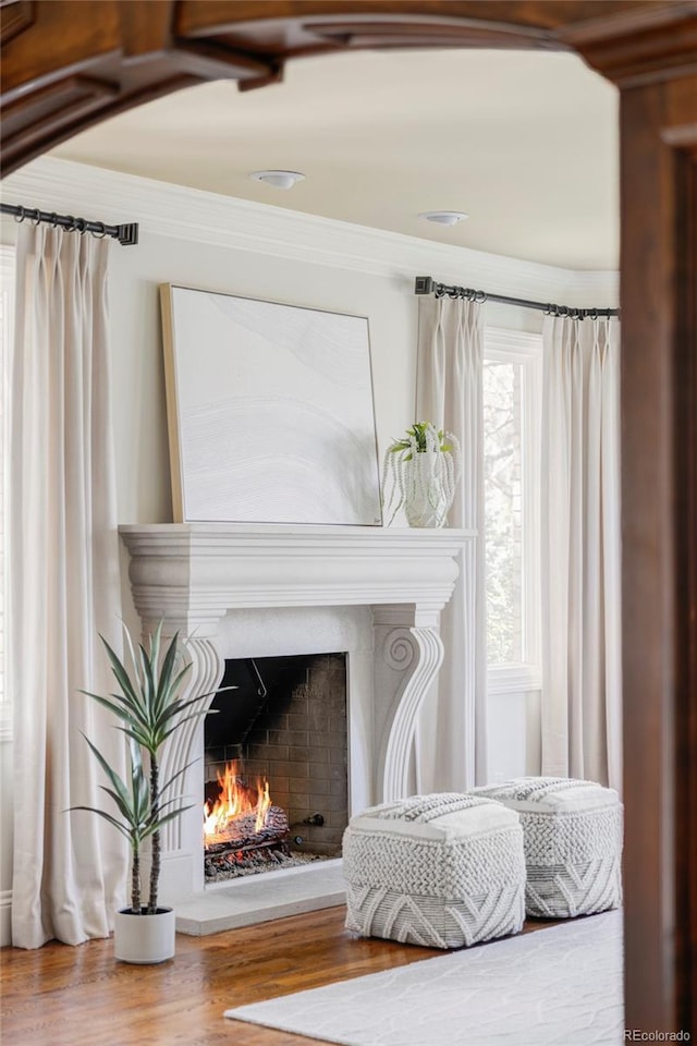 sitting room with crown molding, a warm lit fireplace, and wood finished floors