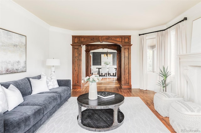 living area with ornamental molding and wood finished floors