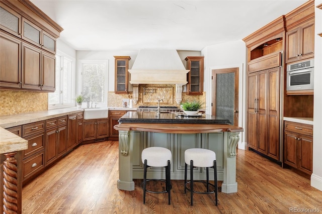 kitchen featuring light wood-style floors, a sink, an island with sink, and premium range hood