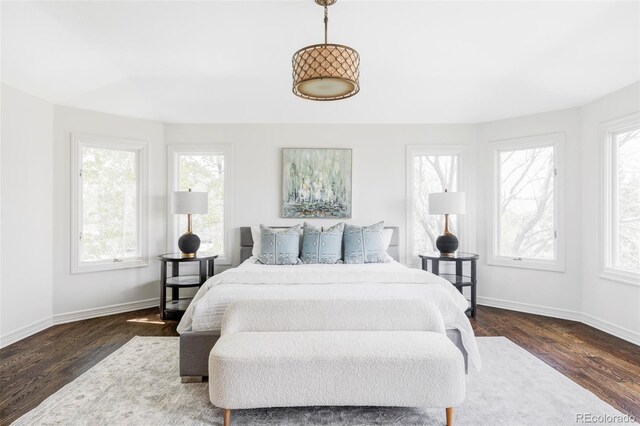 bedroom featuring baseboards, multiple windows, and dark wood-style floors