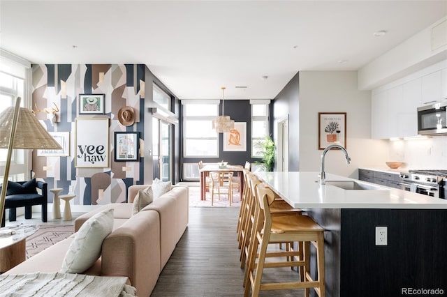 living room featuring a wall of windows, wood-type flooring, and sink