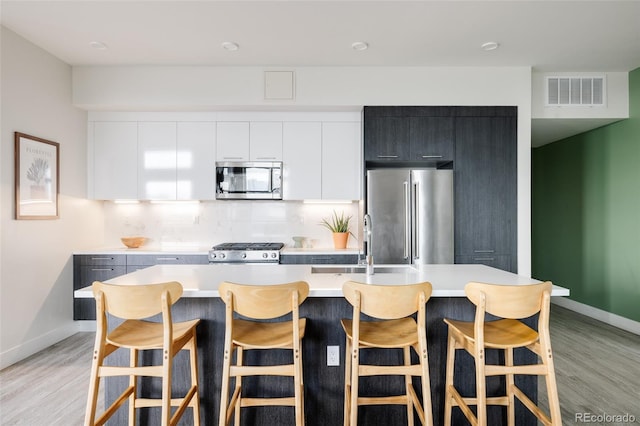 kitchen featuring a breakfast bar, sink, white cabinets, a kitchen island with sink, and stainless steel appliances