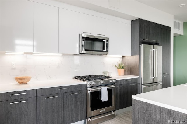 kitchen featuring white cabinetry, tasteful backsplash, high quality appliances, and light wood-type flooring