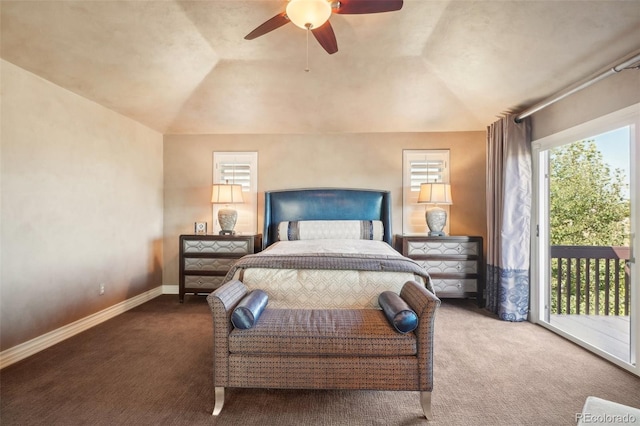 carpeted bedroom with vaulted ceiling, ceiling fan, multiple windows, and access to outside