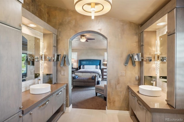 bathroom with vanity, ceiling fan, and tile patterned floors