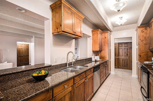 kitchen with dark stone countertops, light tile patterned floors, a sink, black range with electric stovetop, and dishwasher