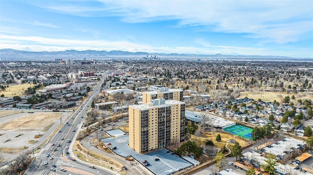 drone / aerial view with a city view and a mountain view