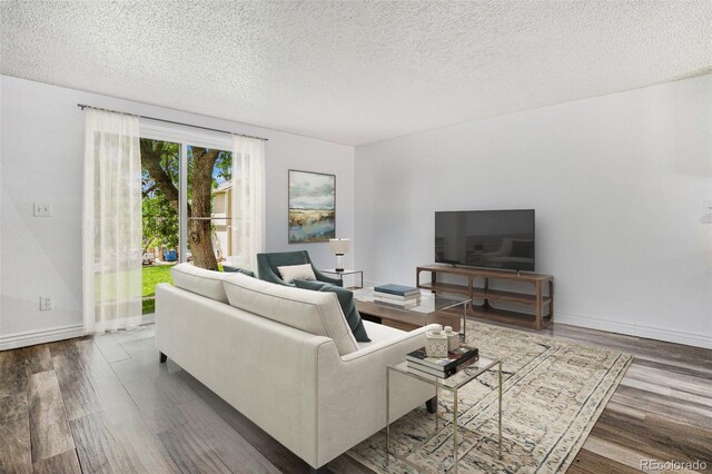 1534 S Ouray Cir Unit B, Aurora, CO 80017 - living room featuring wood finished floors, a textured ceiling, and baseboards