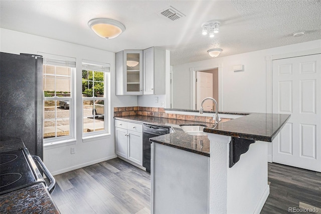 1534 S Ouray Cir Unit B, Aurora, CO 80017 - kitchen featuring a sink, dishwashing machine, a peninsula, and dark wood finished floors