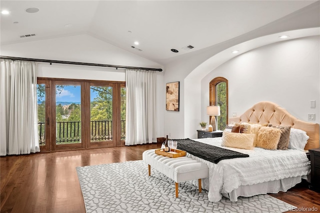662 Yankakee Dr, Castle Rock, CO 80108 - bedroom featuring access to exterior, visible vents, arched walkways, and lofted ceiling