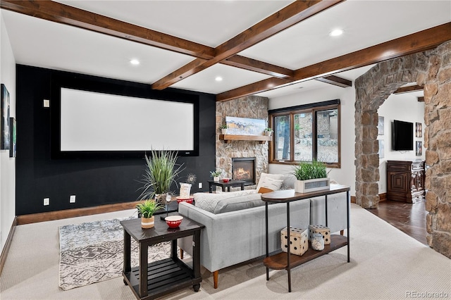 662 Yankakee Dr, Castle Rock, CO 80108 - interior space with a fireplace, wood finished floors, recessed lighting, and beamed ceiling