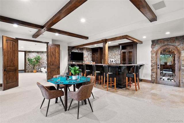 662 Yankakee Dr, Castle Rock, CO 80108 - dining room with carpet, bar, baseboards, beamed ceiling, and recessed lighting