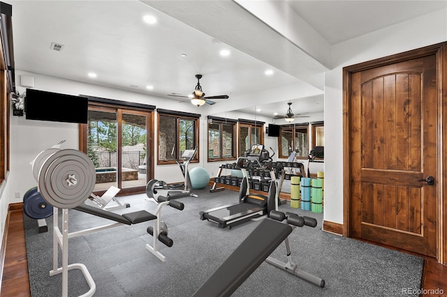 662 Yankakee Dr, Castle Rock, CO 80108 - workout area with a ceiling fan, visible vents, baseboards, and recessed lighting