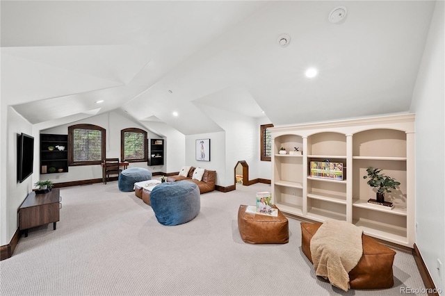 662 Yankakee Dr, Castle Rock, CO 80108 - carpeted living room featuring baseboards, lofted ceiling, and recessed lighting