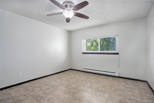 empty room featuring a ceiling fan, a baseboard radiator, a textured ceiling, and baseboards