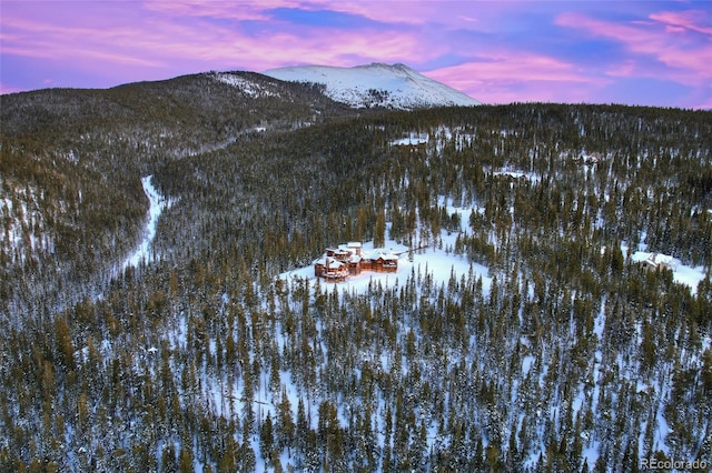 snowy aerial view with a mountain view