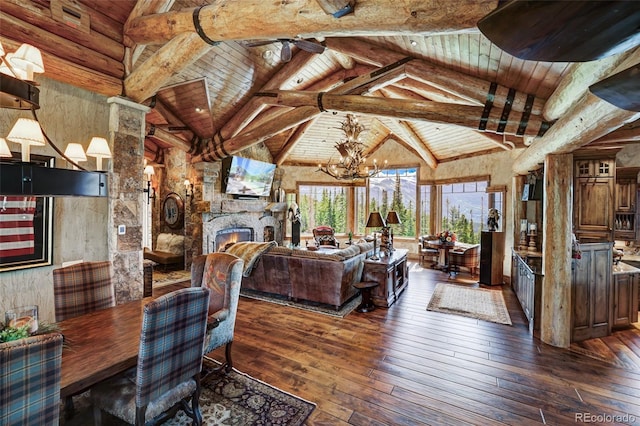 living room featuring wood ceiling, dark wood-type flooring, an inviting chandelier, beam ceiling, and a fireplace