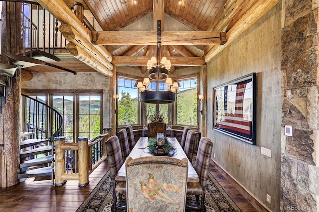 unfurnished dining area with dark hardwood / wood-style flooring, a notable chandelier, wooden ceiling, and a healthy amount of sunlight