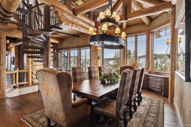 dining room with stairs, wooden ceiling, beamed ceiling, and dark wood-style floors