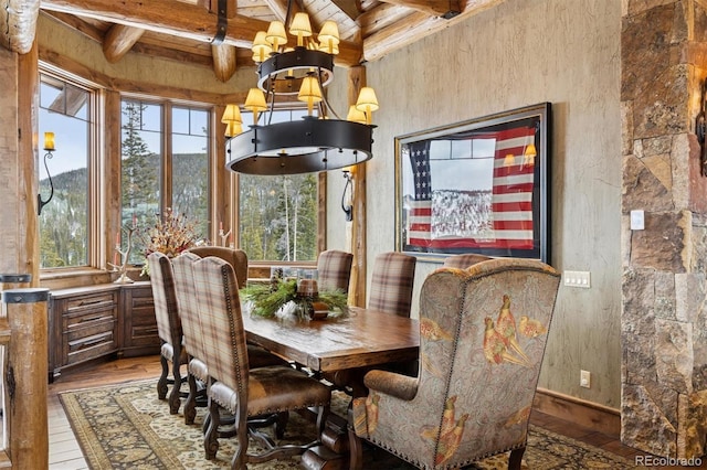 dining room with beam ceiling, wood ceiling, and hardwood / wood-style flooring