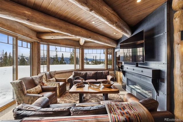 sunroom / solarium featuring beamed ceiling and wood ceiling