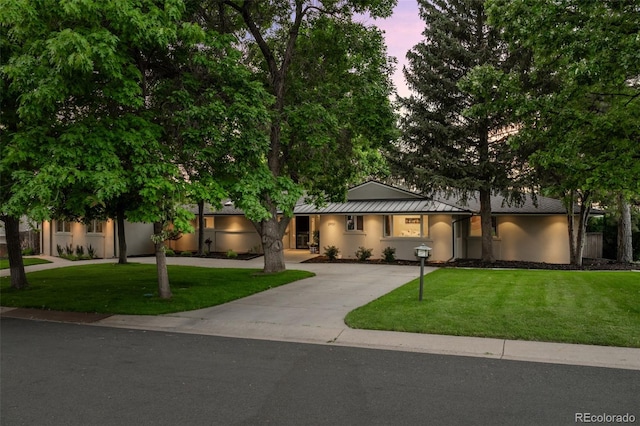 3901 S Dexter St, Cherry Hills Village, CO 80113 - view of front of house with curved driveway, a lawn, a standing seam roof, and a metal roof