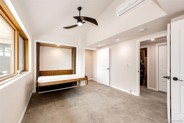 24130 High Timber Ln, Agate, CO 80101 - unfurnished bedroom with a wall mounted air conditioner, baseboards, lofted ceiling, recessed lighting, and ceiling fan