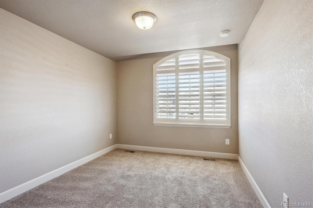 spare room featuring a textured ceiling and light colored carpet