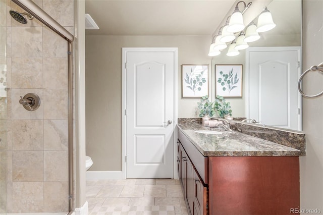 6400 S Ider St, Aurora, CO 80016 - full bath with a shower stall, vanity, a chandelier, and tile patterned flooring