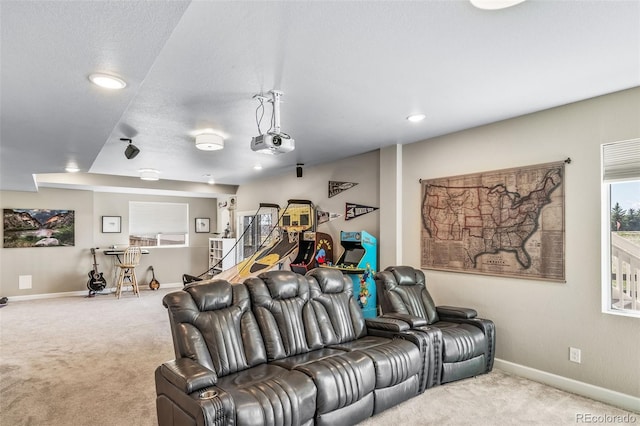 living room with baseboards, recessed lighting, and carpet