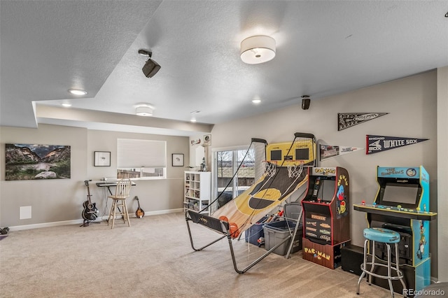 rec room featuring baseboards, carpet flooring, recessed lighting, and a textured ceiling