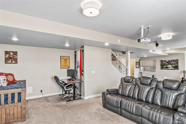 living room with carpet floors, baseboards, and stairway