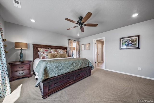 bedroom with light carpet, baseboards, visible vents, and recessed lighting