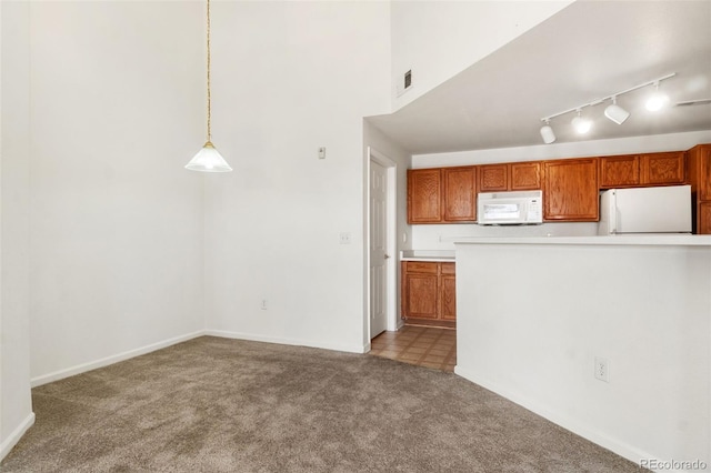 kitchen featuring hanging light fixtures, rail lighting, light colored carpet, and white appliances