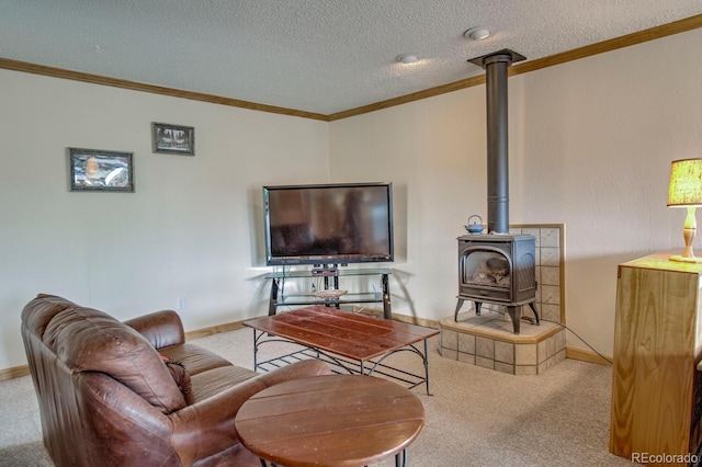 2710 Ryan Gulch Rd Unit 2714, Silverthorne, CO 80498 - living area featuring carpet flooring, a wood stove, crown molding, and a textured ceiling