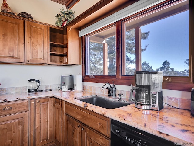 13012 S Wamblee Valley Rd, Conifer, CO 80433 - kitchen with black dishwasher, a sink, open shelves, and healthy amount of natural light