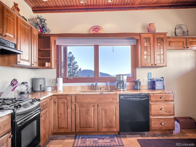 13012 S Wamblee Valley Rd, Conifer, CO 80433 - kitchen with black appliances, a sink, under cabinet range hood, wood ceiling, and light stone countertops