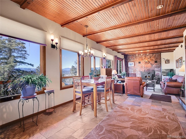 13012 S Wamblee Valley Rd, Conifer, CO 80433 - dining space featuring wood ceiling with exposed beams, a chandelier, baseboards, and stone finish floors