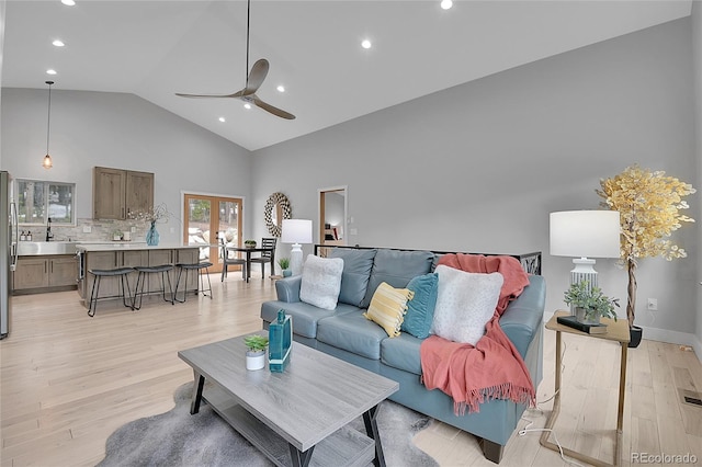 79 Beaver Rd, Idaho Springs, CO 80452 - living area with high vaulted ceiling, a ceiling fan, light wood finished floors, french doors, and recessed lighting