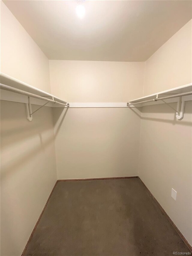 walk in closet featuring dark carpet