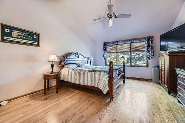 7043 S Owens Way, Littleton, CO 80127 - bedroom featuring lofted ceiling, light wood-style flooring, and ceiling fan
